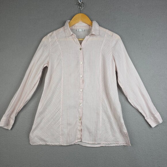 J Jill Shirt Women XS Petiie White/Pink Beachy 100% Linen Preppy School Striped - Picture 2 of 10
